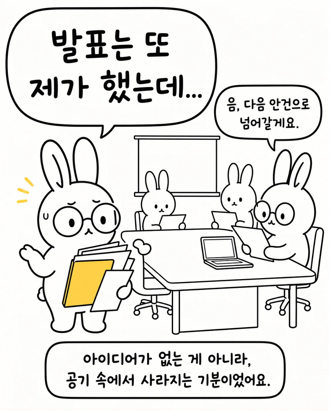 회의실에서 발표하는 토끼와 그 말을 듣지 않고 다음 안건으로 넘어가는 다른 토끼들의 모습