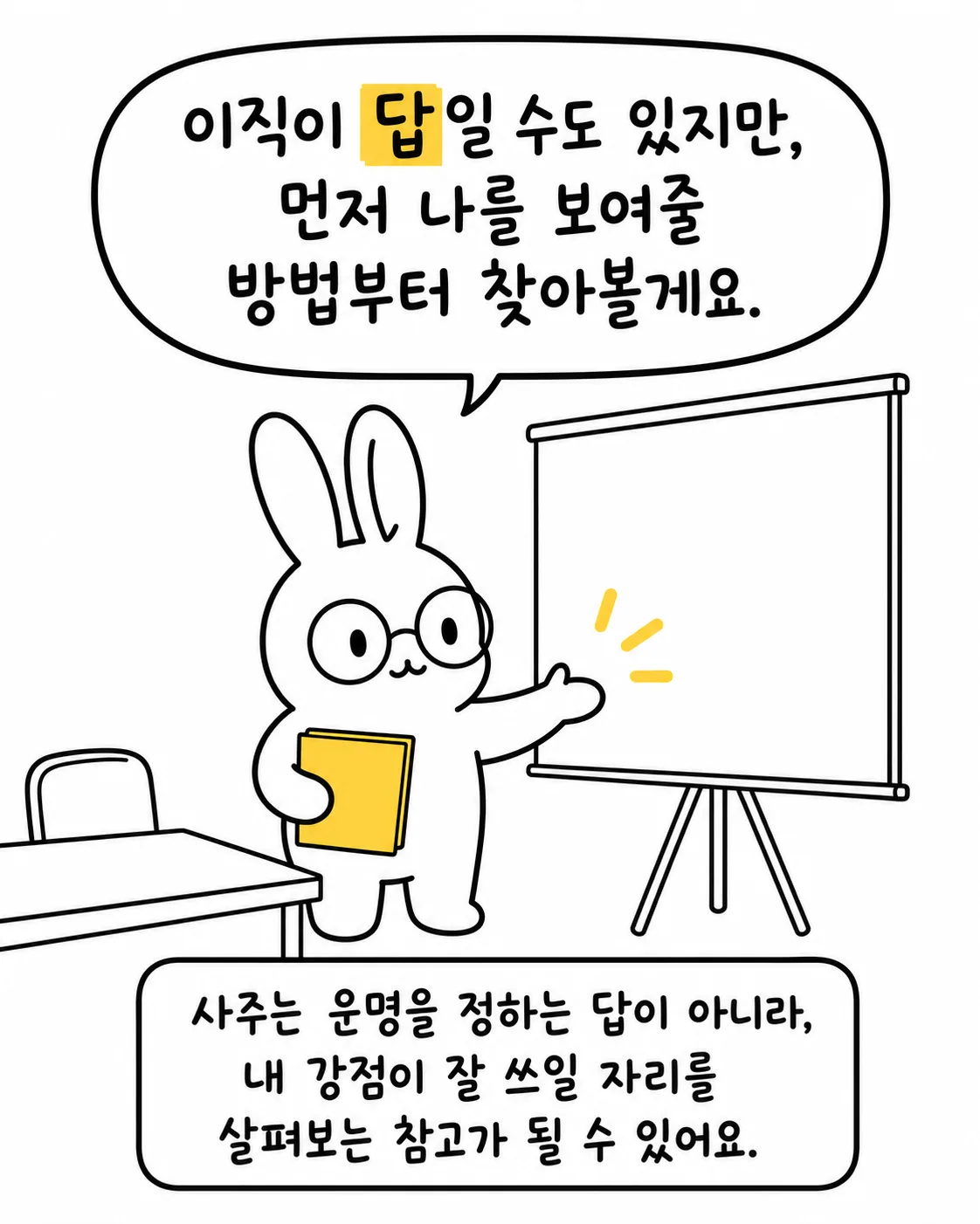 화이트보드 앞에서 이직이 답일 수도 있지만 나를 보여줄 방법부터 찾겠다고 말하는 토끼