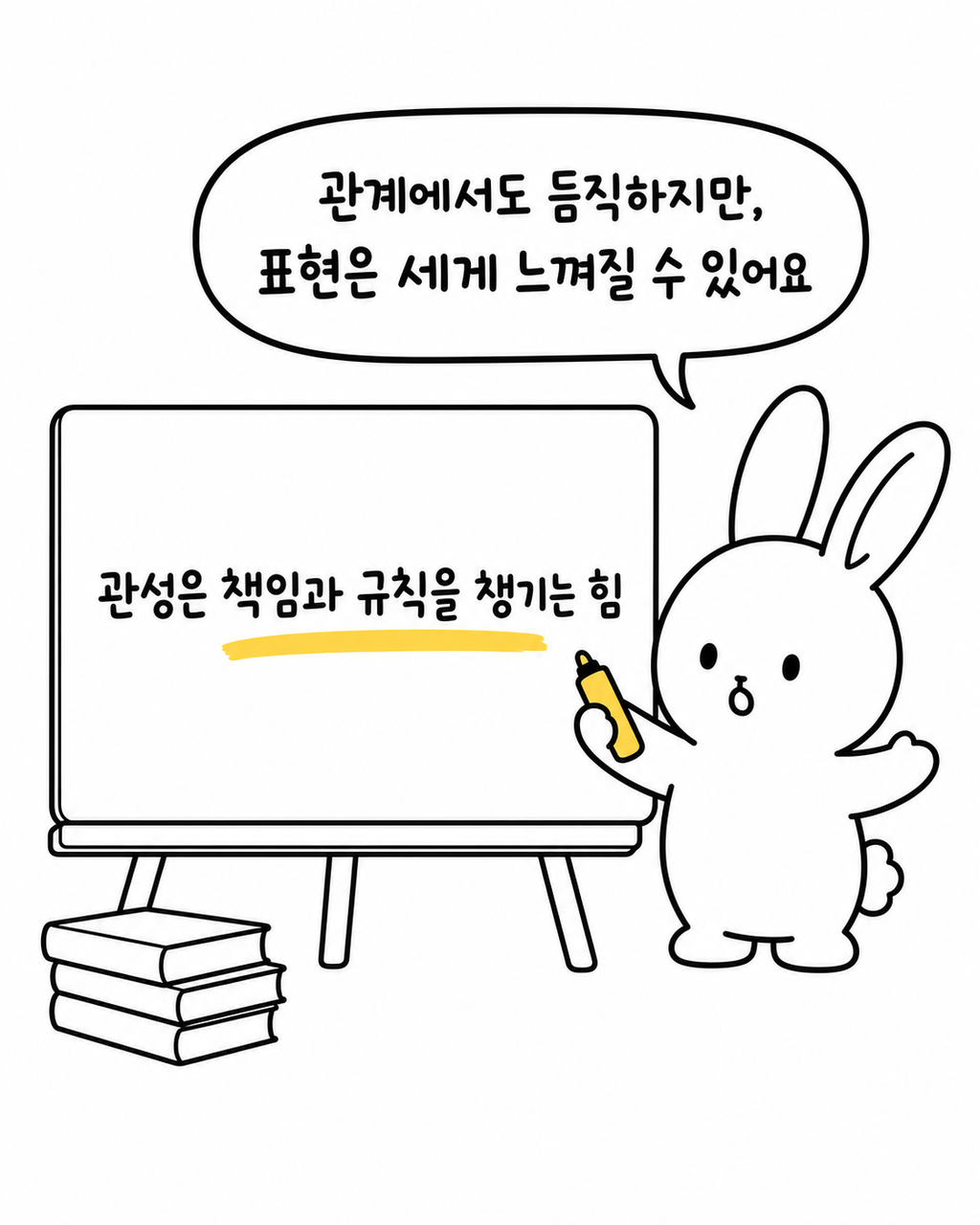 화이트보드에 '관성은 책임과 규칙을 챙기는 힘'이라고 적혀 있고, 토끼가 그 옆에서 설명하고 있는 모습