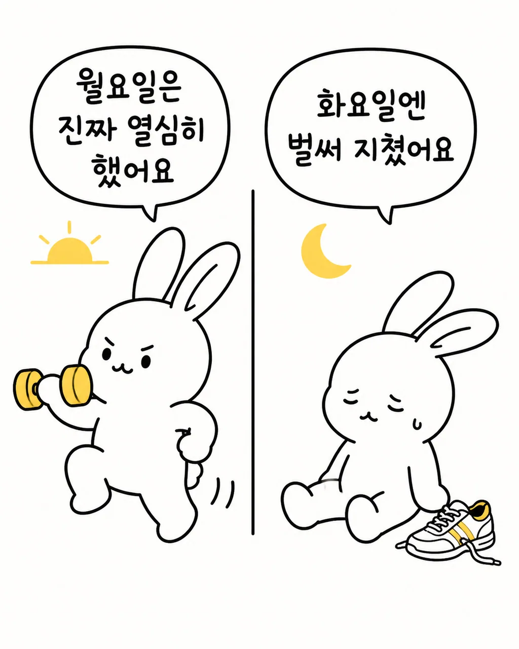 월요일엔 덤벨을 들고 운동하고 화요일엔 지쳐 앉아있는 토끼