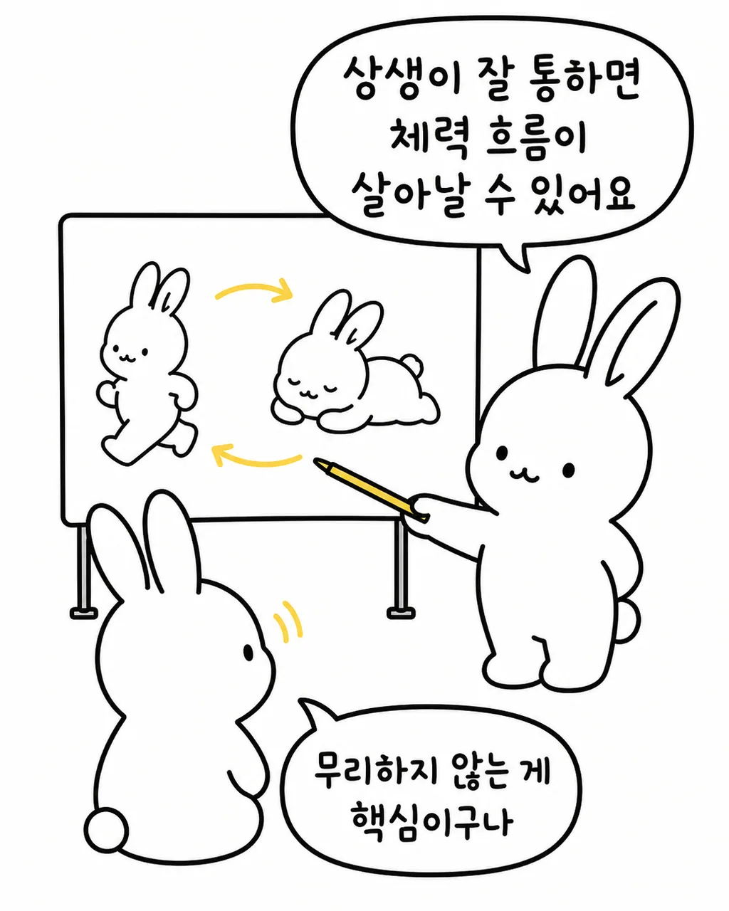토끼가 다른 토끼에게 운동과 휴식의 순환 과정을 설명하는 모습