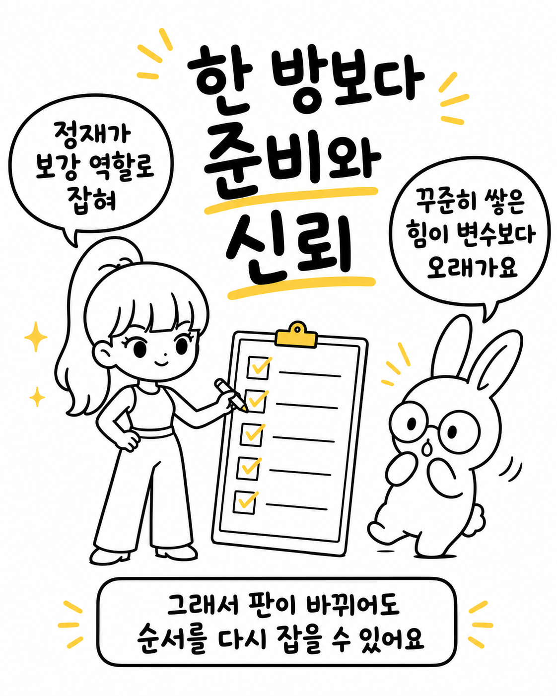 리사가 체크리스트에 체크를 하고 토끼가 놀라는 모습