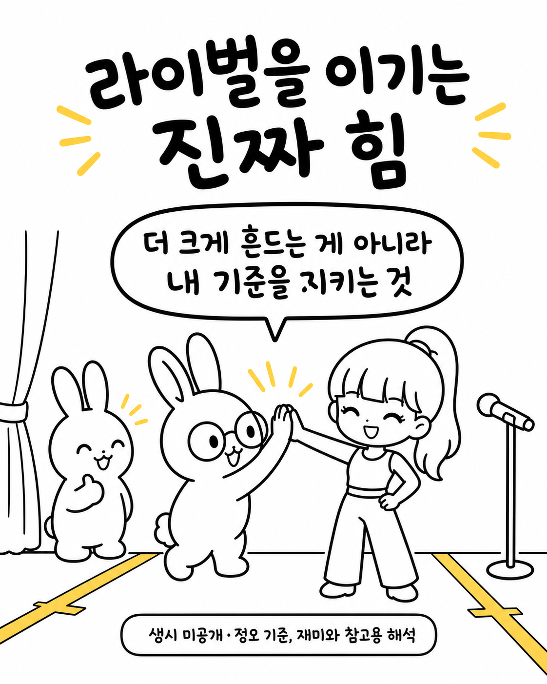 토끼와 리사가 무대 위에서 하이파이브를 하며 웃고 있는 모습