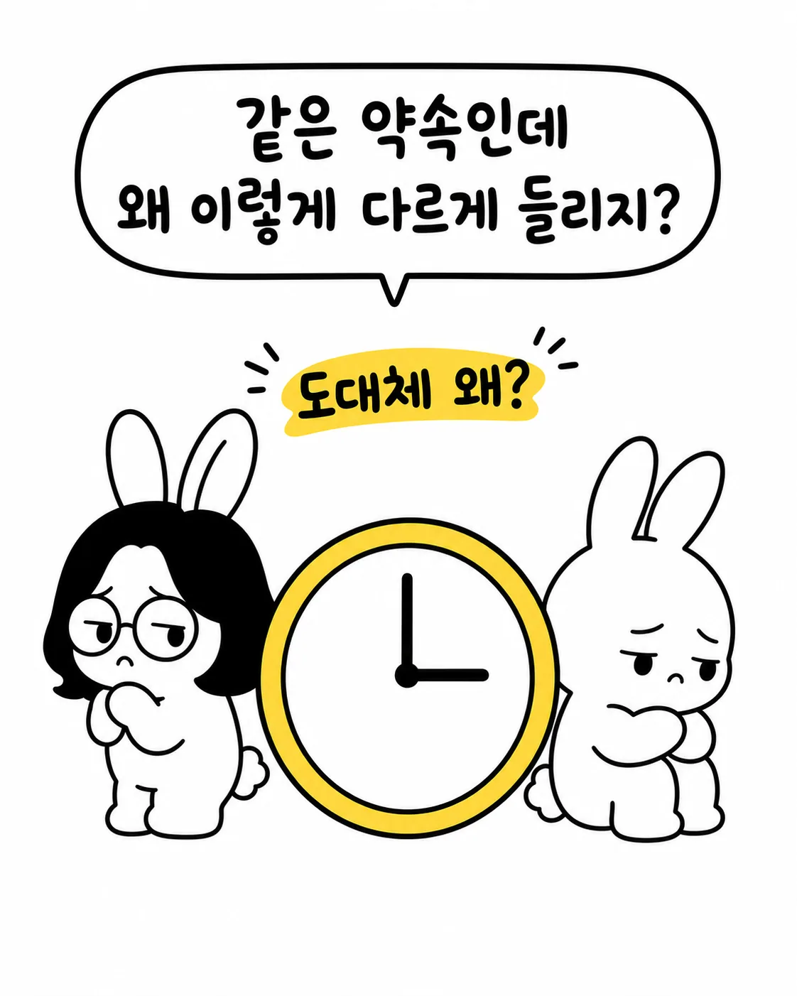 시계를 사이에 두고 우울해하는 두 토끼의 모습