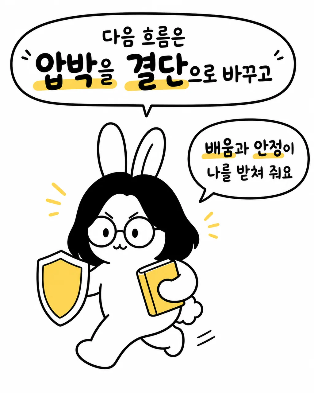 방패와 책을 들고 자신감 있게 걸어가는 토끼