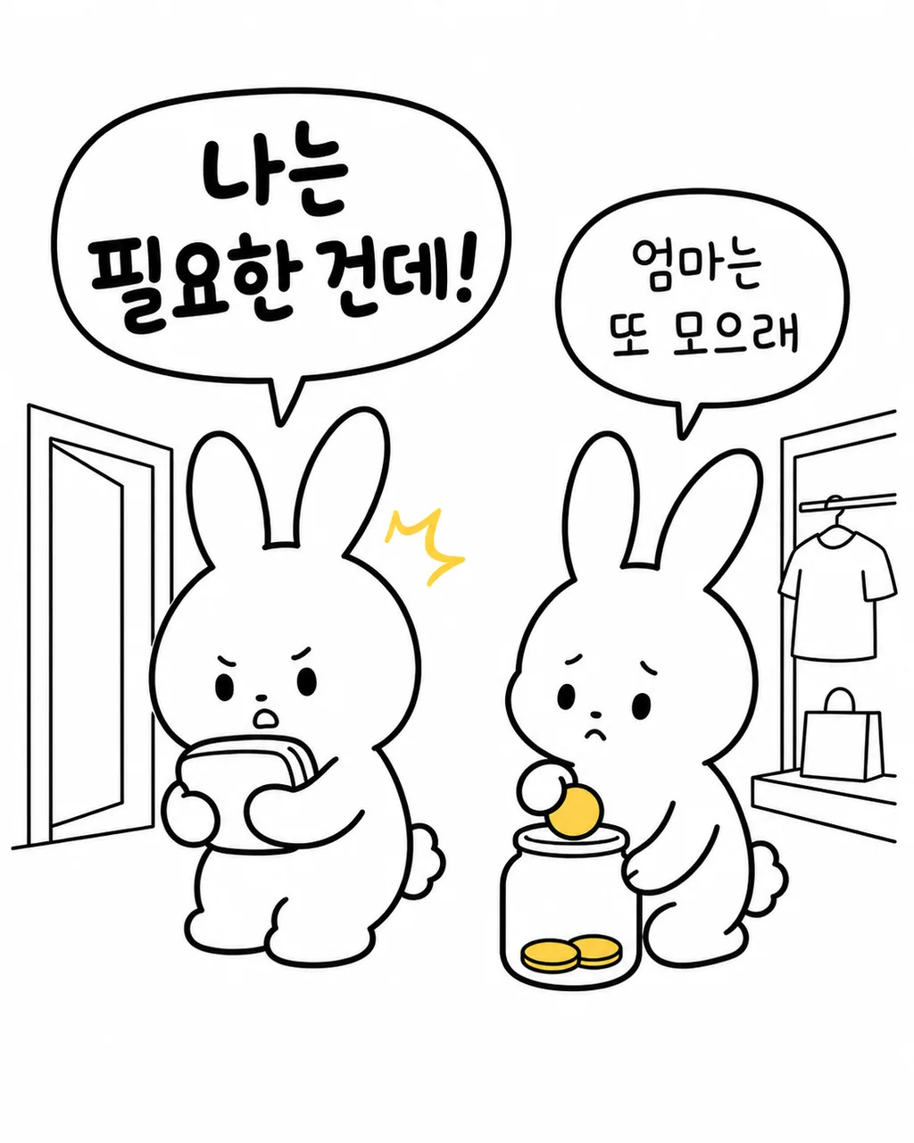 지갑을 꼭 쥔 토끼와 저금통에 동전을 넣으며 슬픈 표정을 짓는 토끼