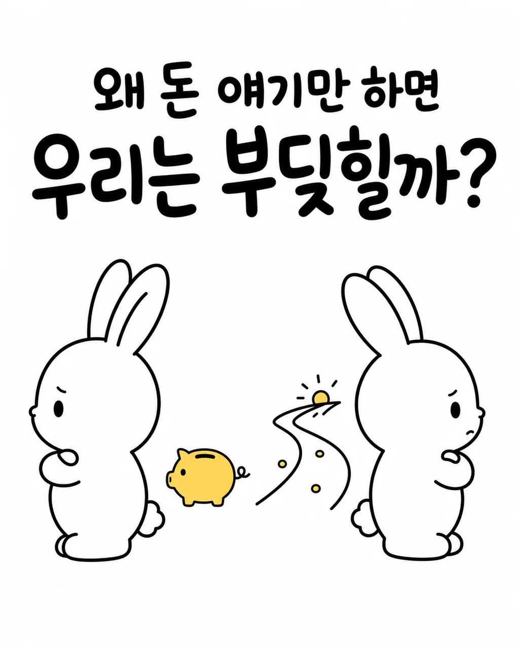 돼지 저금통을 사이에 두고 등 돌리고 앉아 고민하는 두 토끼