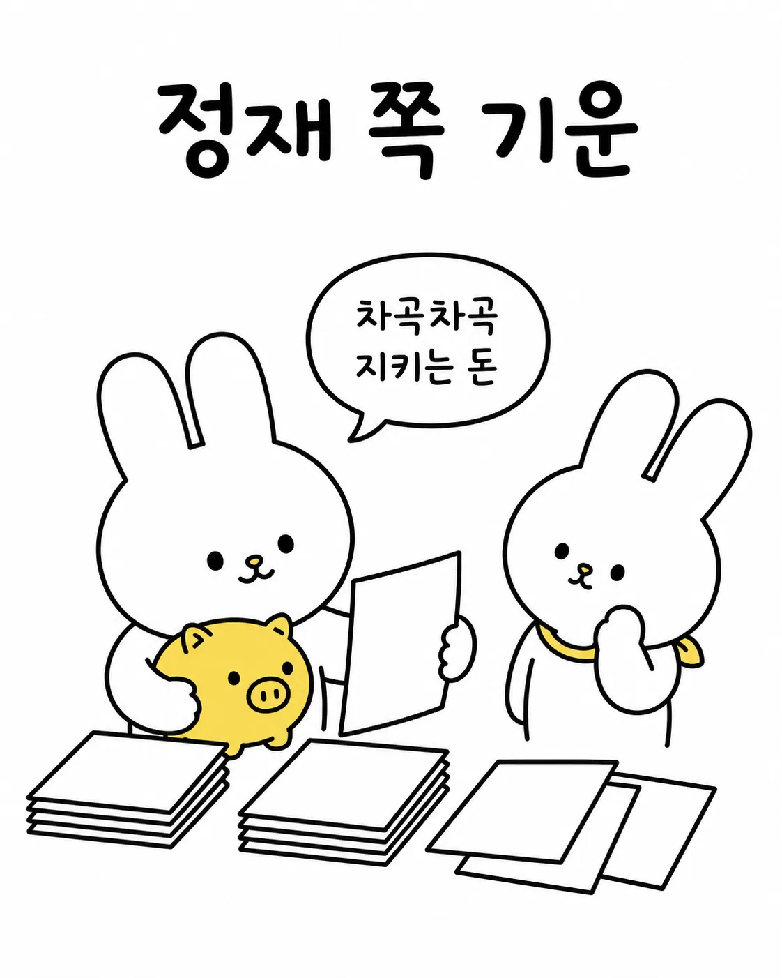 서류를 살피며 돼지 저금통을 소중히 안고 있는 토끼