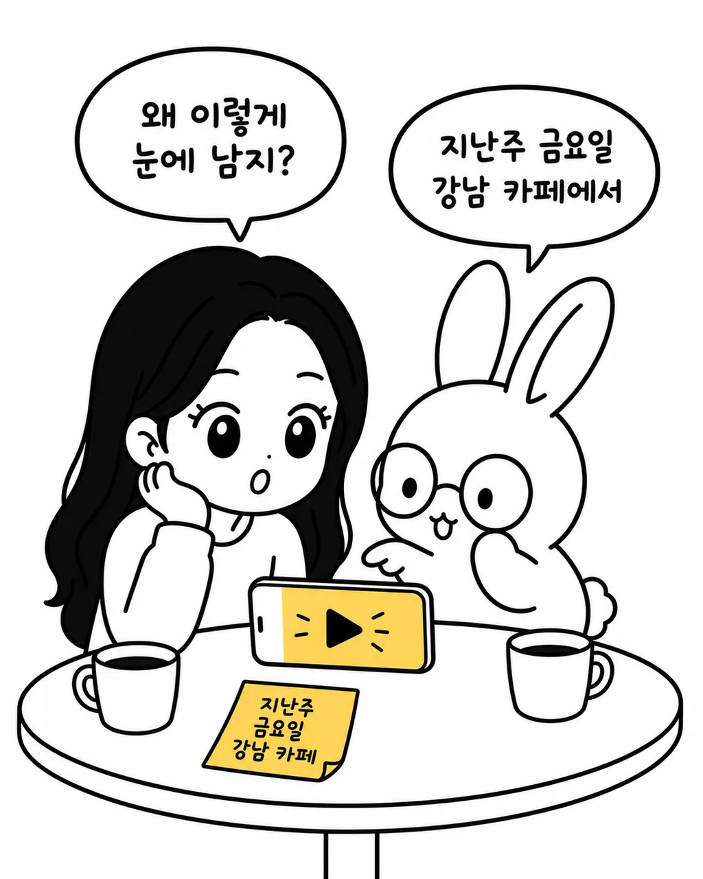 카페 테이블에 앉아 스마트폰과 메모지를 보며 대화하는 여성과 안경 쓴 토끼