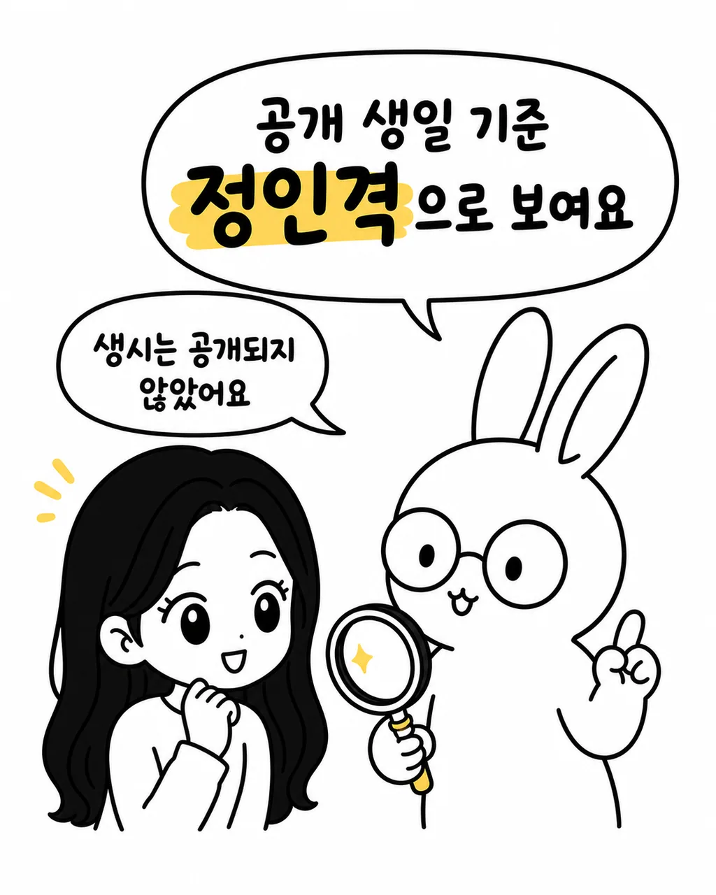 안경 쓴 토끼가 돋보기로 무언가를 살피고, 여성이 놀라워하는 모습