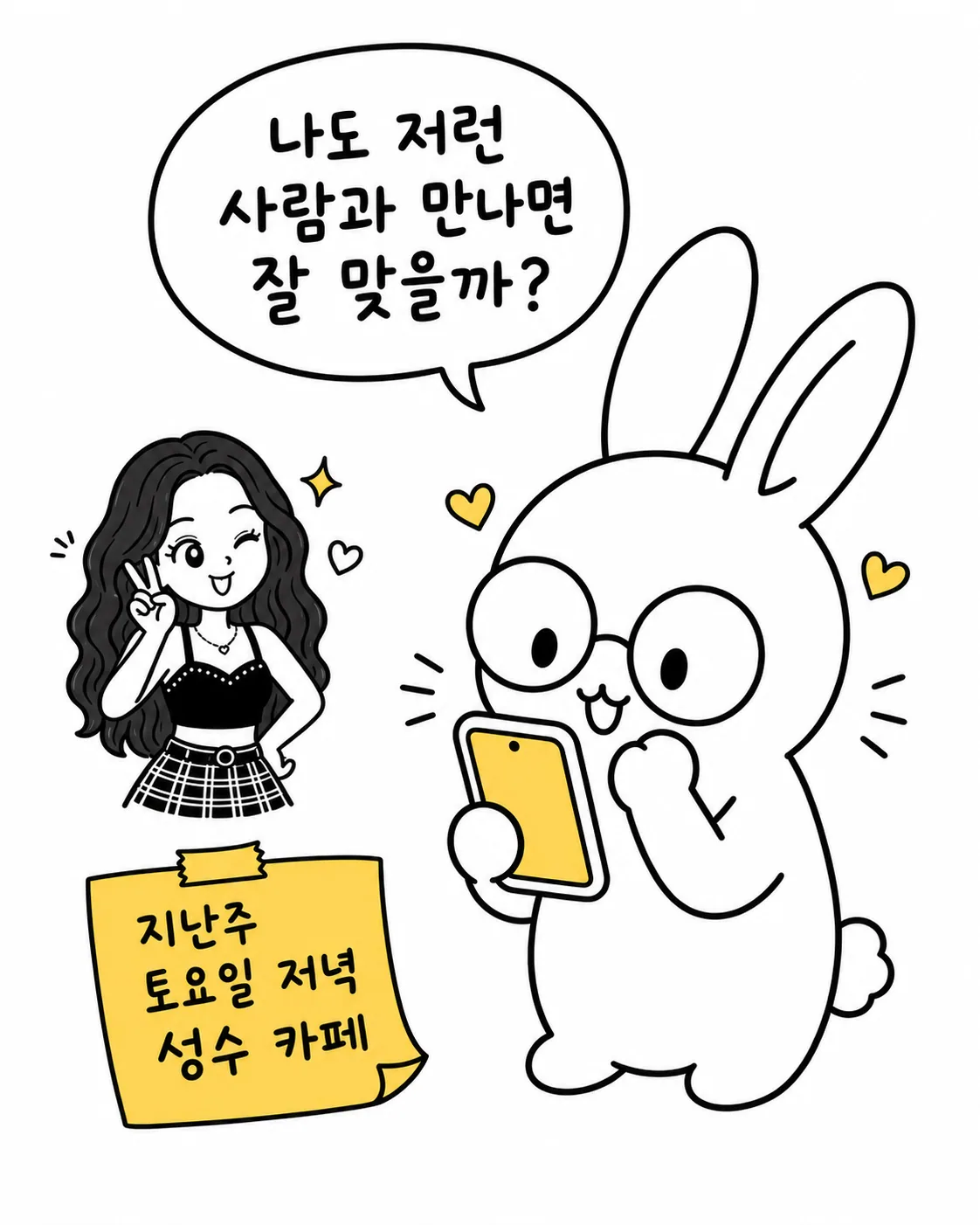 안경 쓴 토끼가 스마트폰을 보며 나도 저런 사람과 잘 맞을까 고민하는 장면