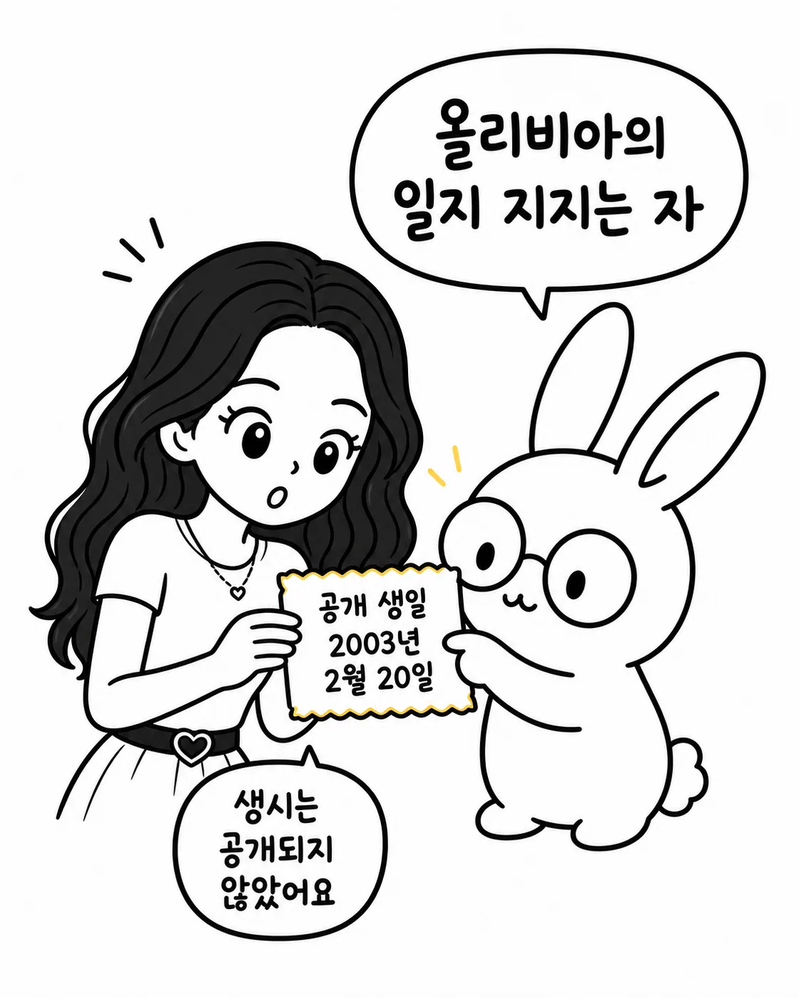 안경 쓴 토끼가 올리비아 로드리게스에게 공개된 생년월일을 보여주며 생시는 알 수 없다고 말하는 장면