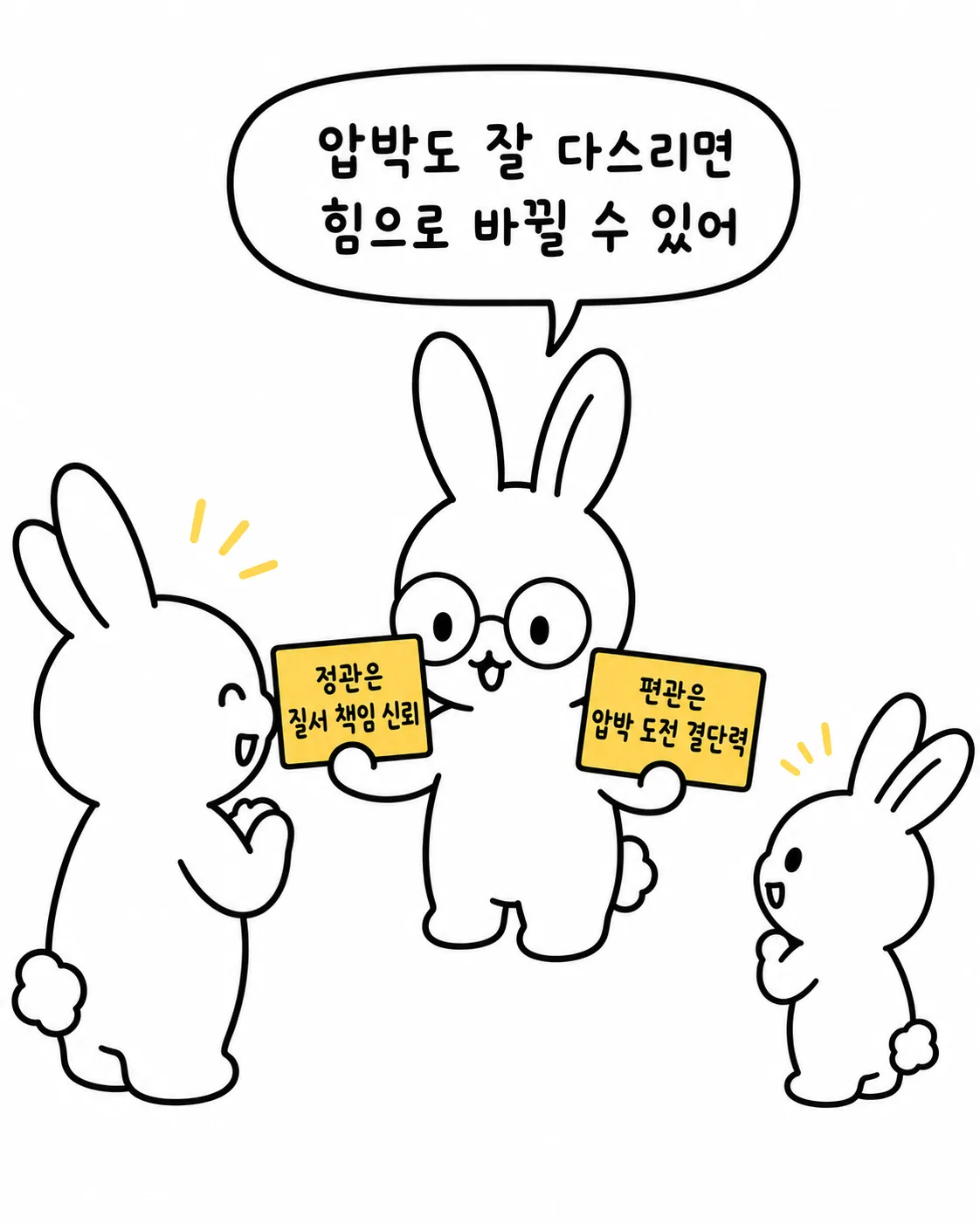 정관은 질서와 책임, 편관은 압박과 도전을 상징하며 이를 잘 다스리면 힘이 된다고 설명하는 토끼