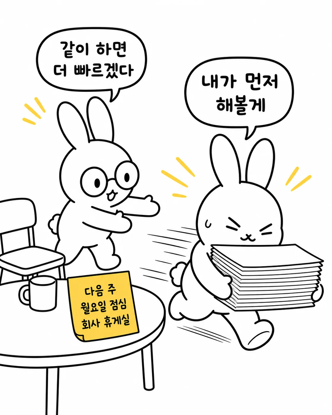 회사 휴게실에서 서류를 들고 먼저 해보겠다고 달려가는 토끼