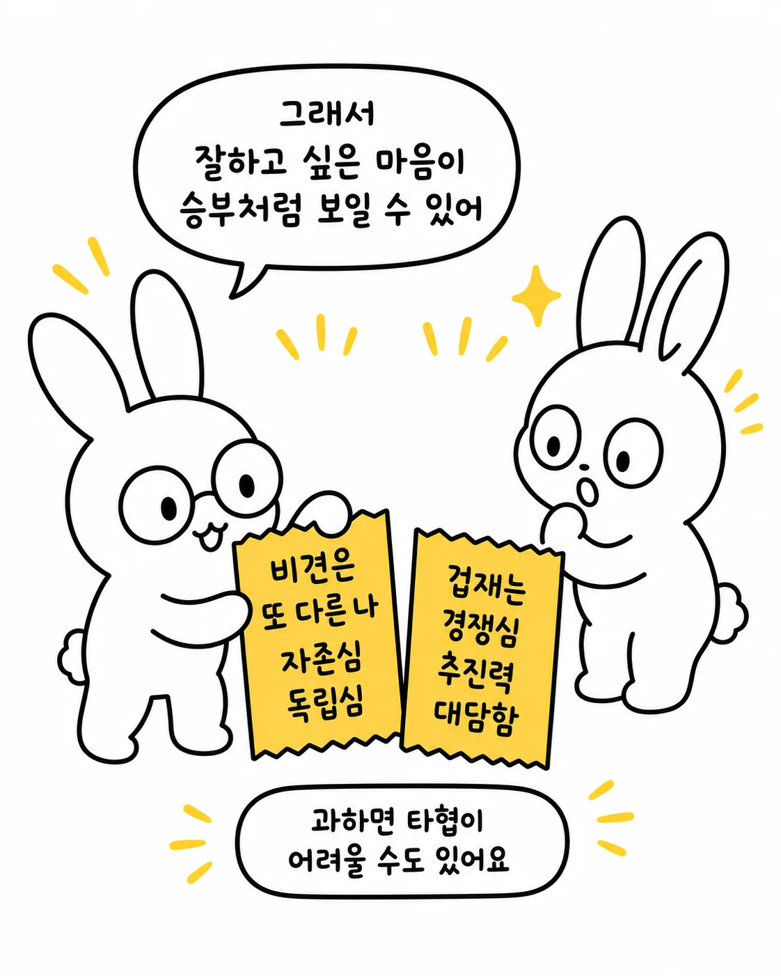 비견과 겁재에 대한 설명이 적힌 종이를 들고 있는 토끼와 이를 경청하는 토끼