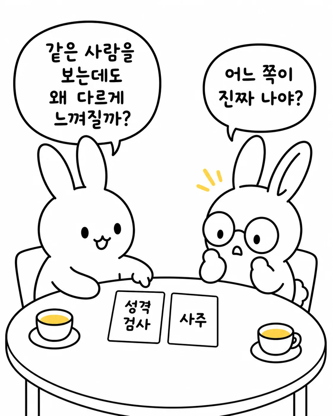 두 토끼가 탁자에 앉아 성격 검사와 사주라는 이름표를 앞에 두고 진짜 나는 누구인지 진지하게 대화하는 모습
