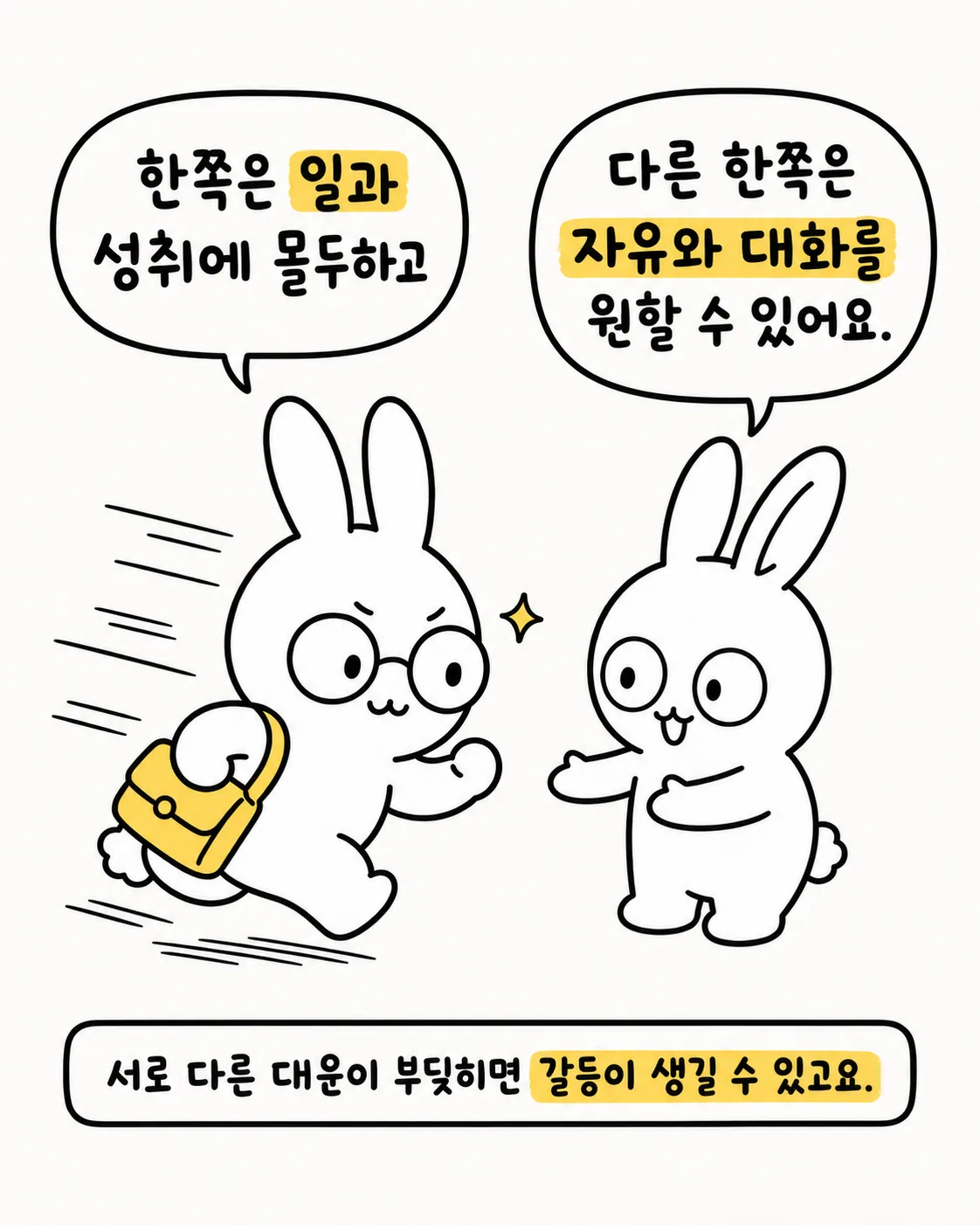 열심히 달리는 토끼와 다정하게 손을 내미는 토끼