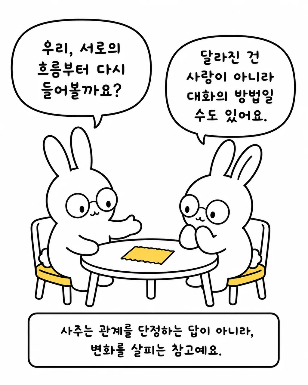 테이블에 앉아 종이를 사이에 두고 대화하는 두 토끼