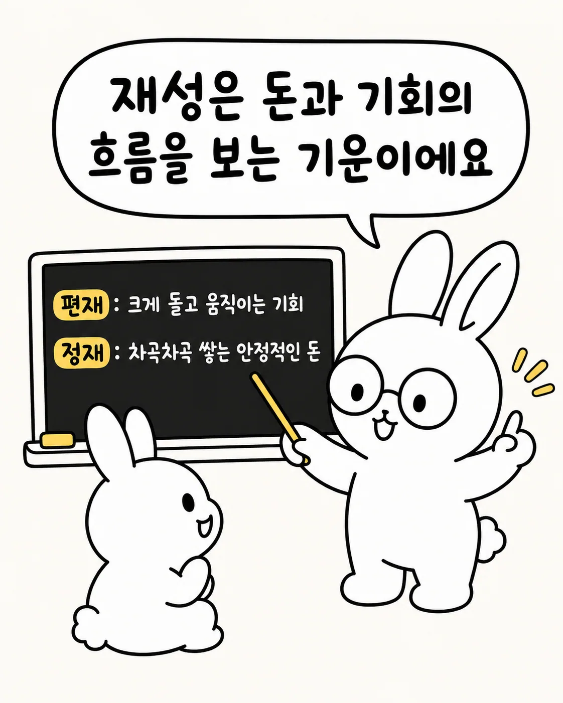 한 토끼는 신나게 뛰어가며 기회를 잡고, 다른 토끼는 메모장에 계획을 적는 모습