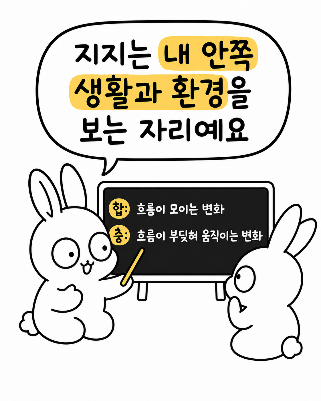 표지판이 움직이고, 토끼가 마음을 다독이며 걸음을 옮기는 모습