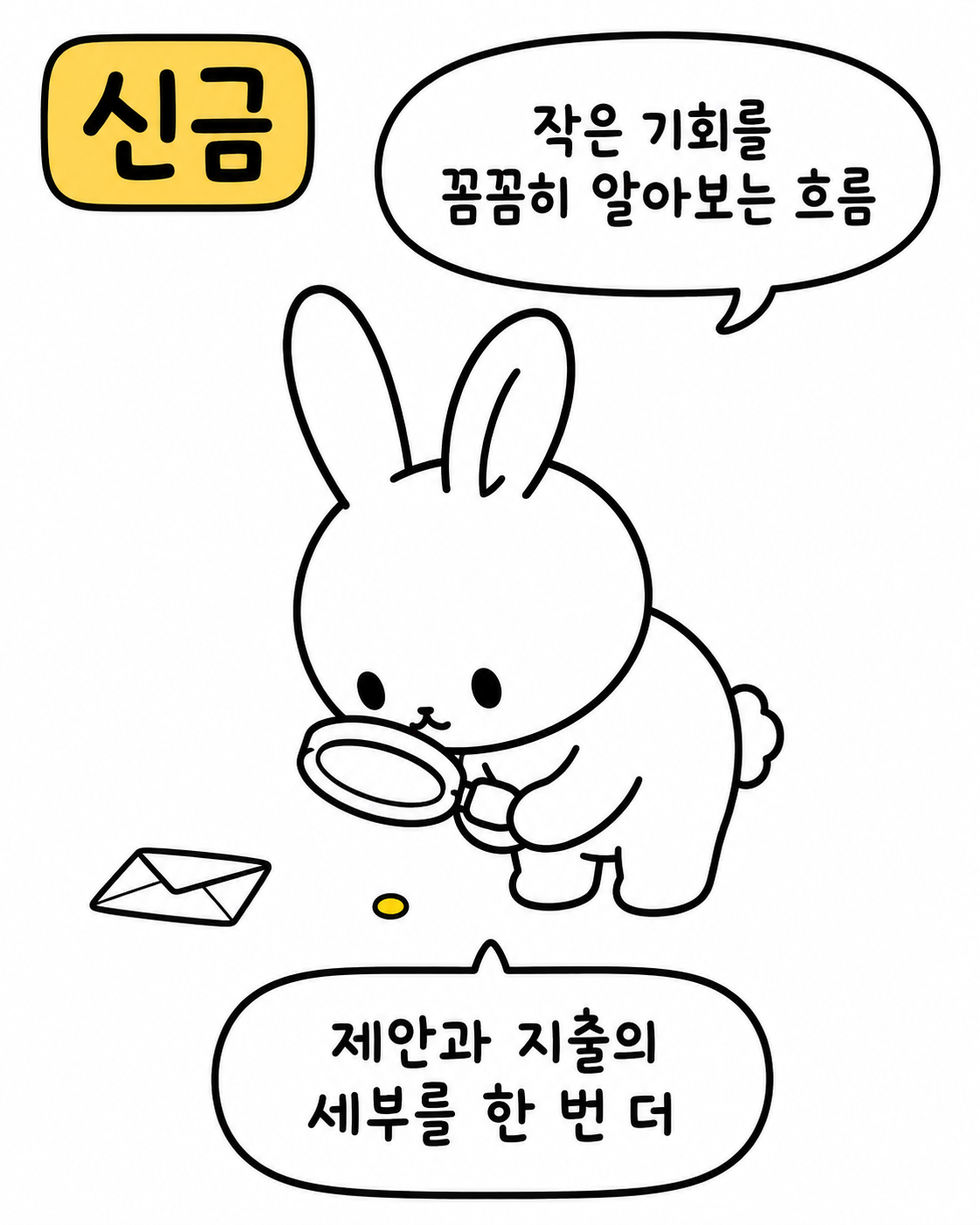 돋보기를 들고 바닥에 떨어진 무언가를 꼼꼼히 살피는 토끼 캐릭터가 그려진 신금 일간 운세 이미지