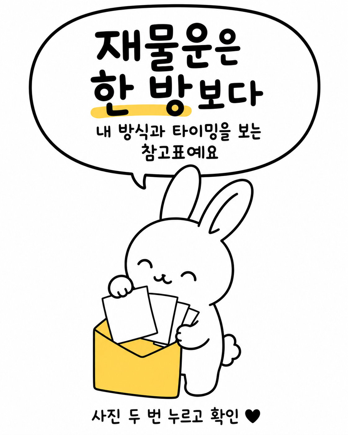 봉투에 편지를 담으며 환하게 웃고 있는 토끼 캐릭터가 그려진 재물운 마무리 이미지
