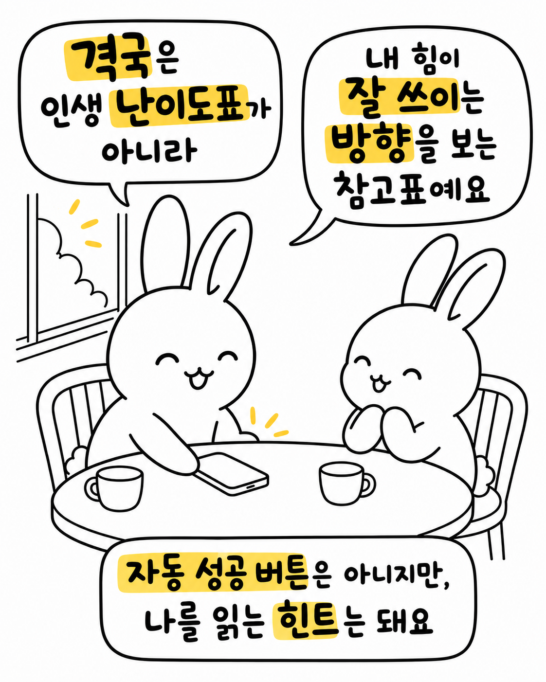 태블릿을 보며 격국은 인생 난이도표가 아니라 나를 읽는 힌트라고 말하며 웃는 토끼들