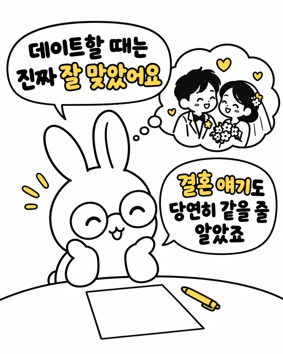 토끼가 종이와 펜을 앞에 두고 데이트 시절을 회상하며 생각에 잠긴 모습