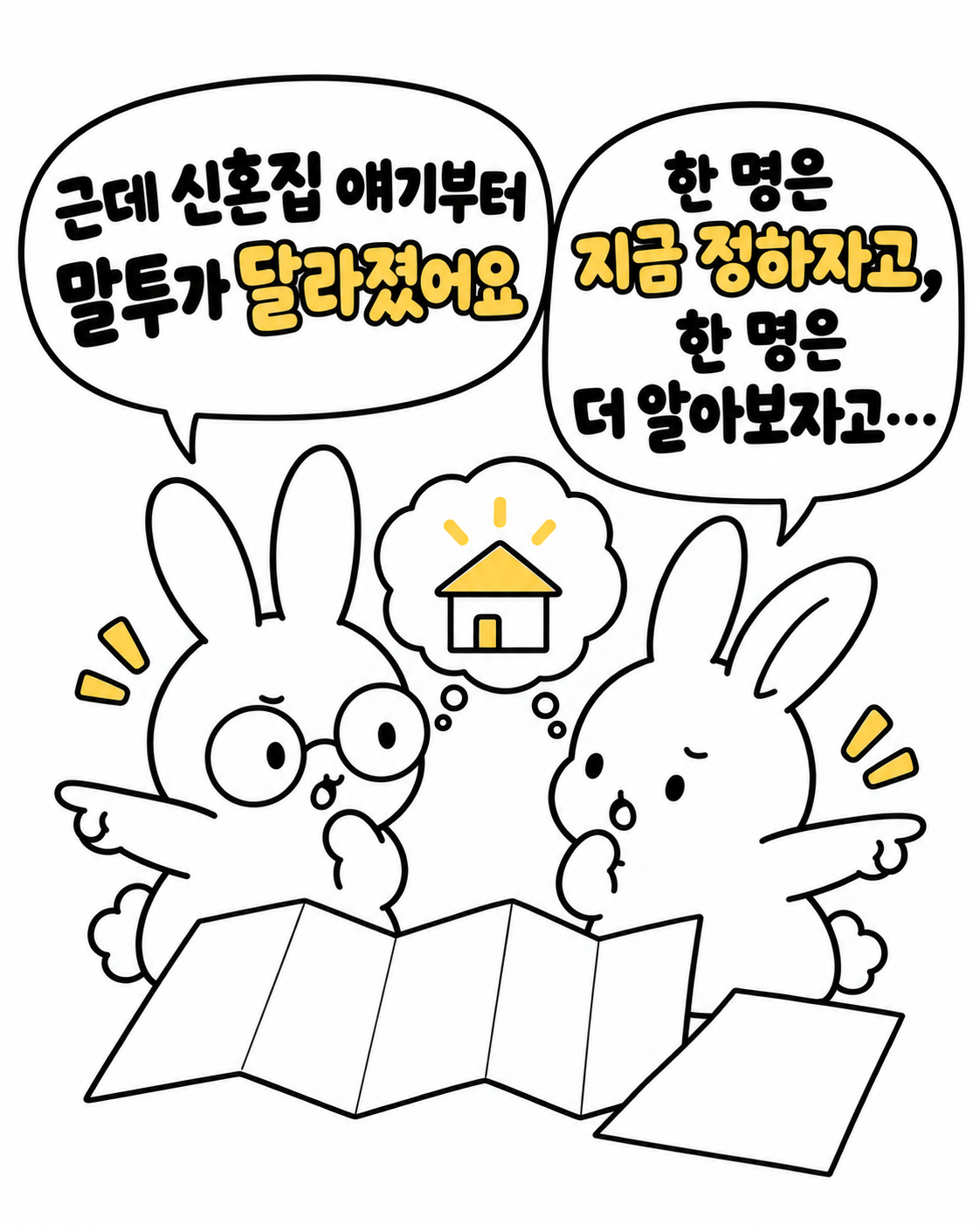 토끼 두 마리가 지도를 펼쳐놓고 서로 다른 의견을 내며 고민하는 모습
