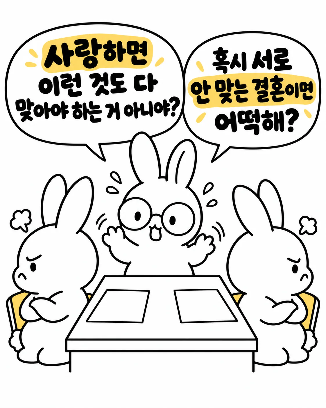 토끼가 고민에 빠진 채로 양옆의 신랑 신부가 서로 등지고 앉아 토라져 있는 모습