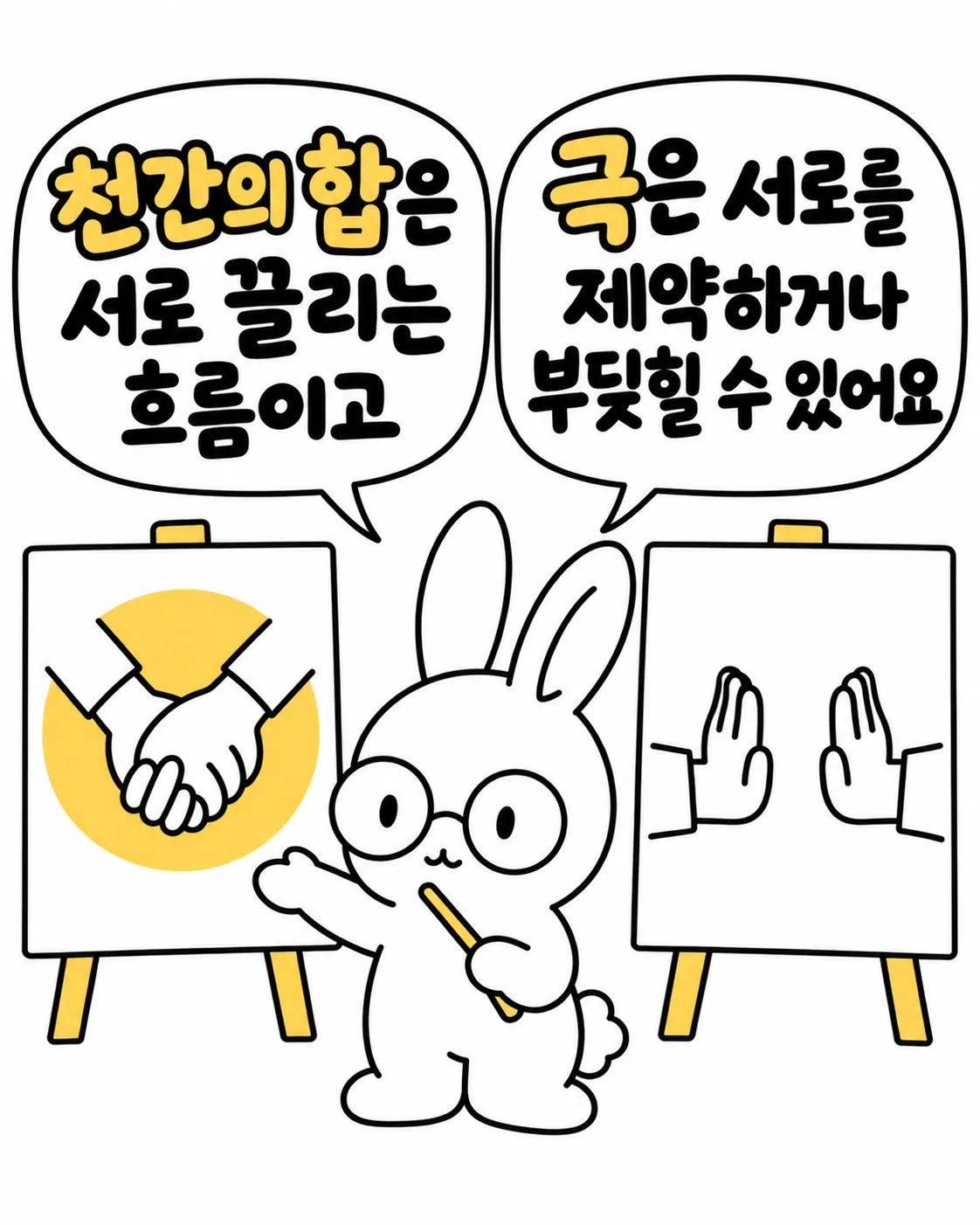 토끼가 두 개의 칠판을 가리키며 서로 맞잡은 손과 서로 밀어내는 손을 비교하는 모습