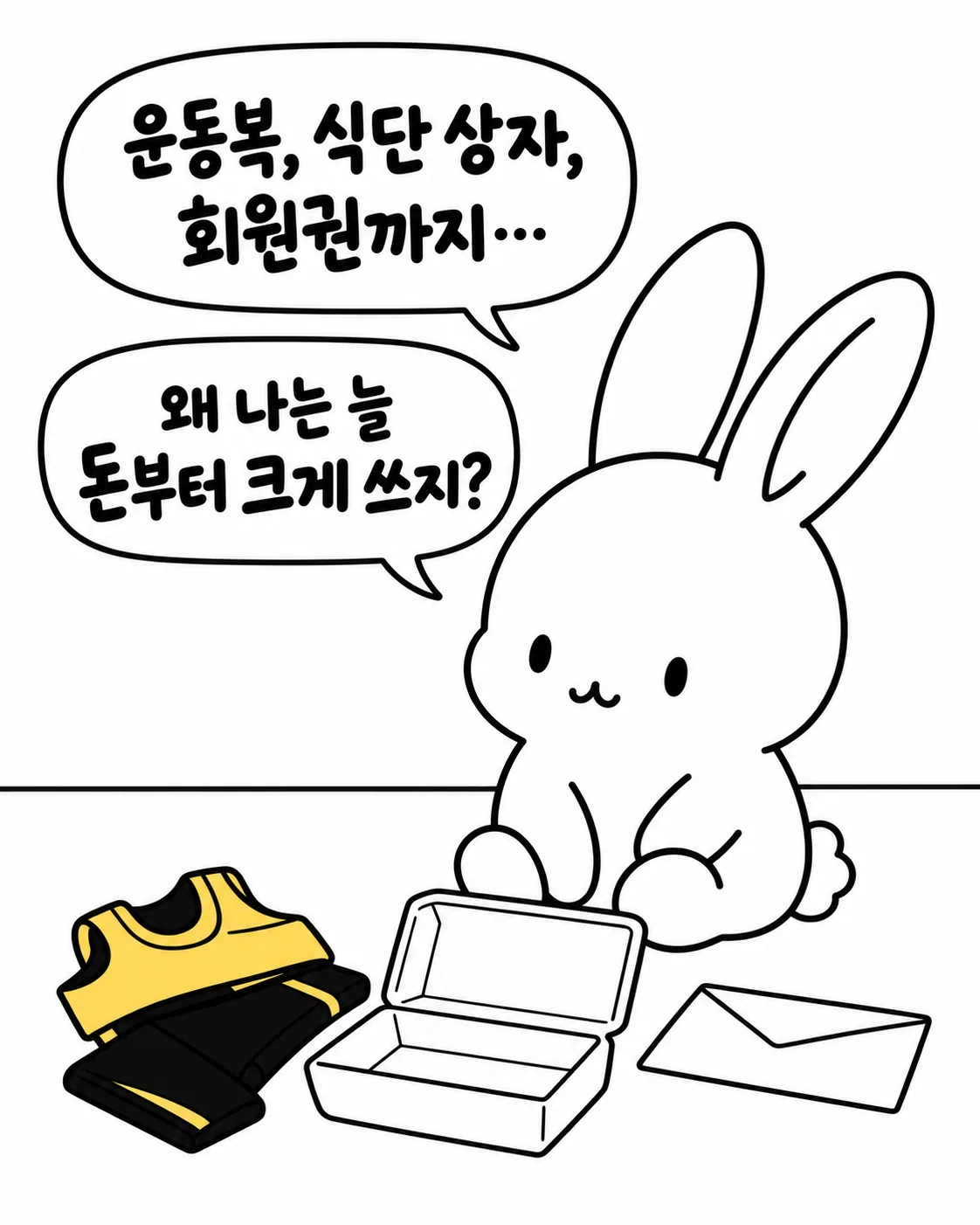 운동복과 식단 상자, 영수증을 앞에 두고 고민하는 토끼