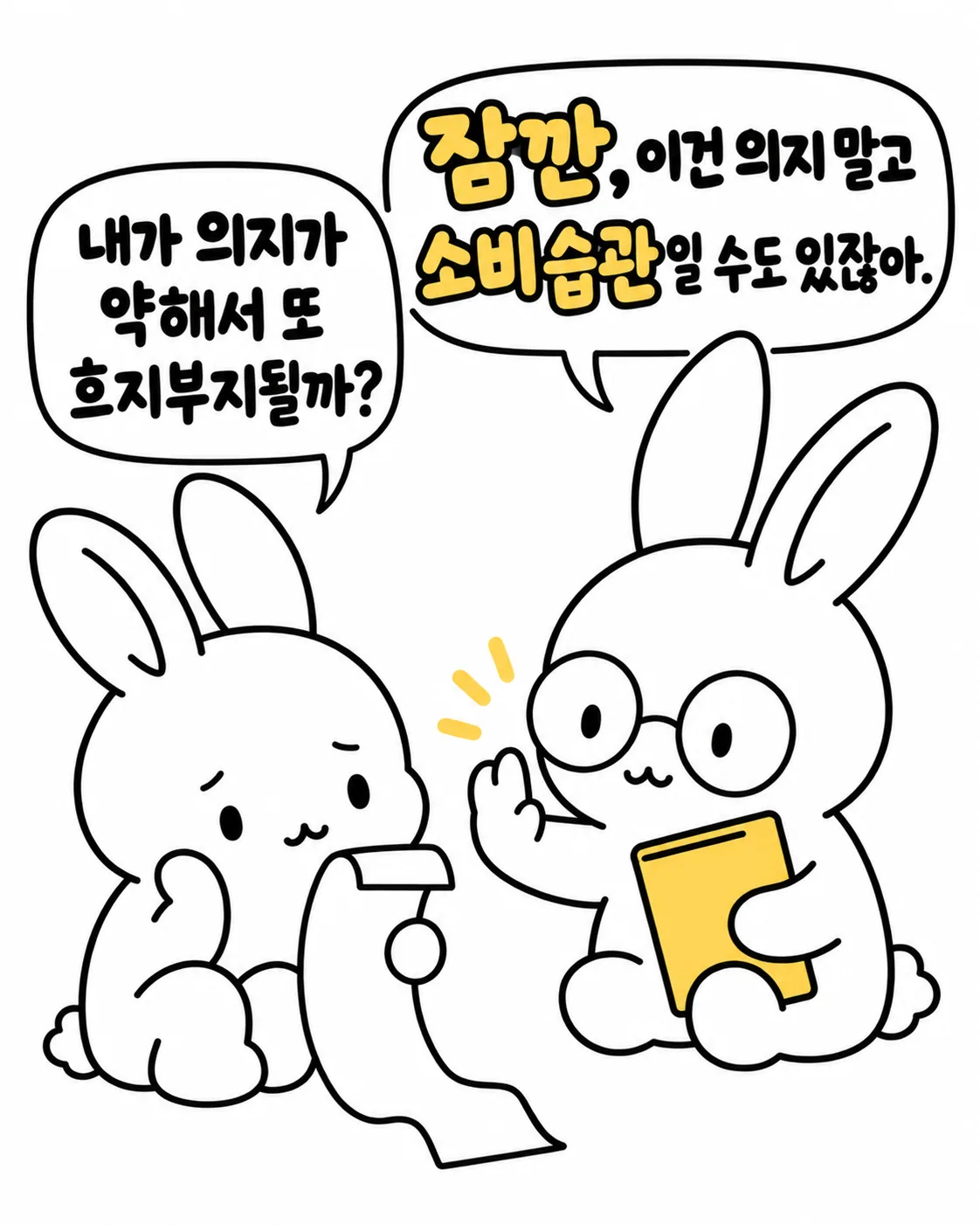 영수증을 든 토끼에게 안경 쓴 토끼가 소비 습관일 수도 있다고 조언한다
