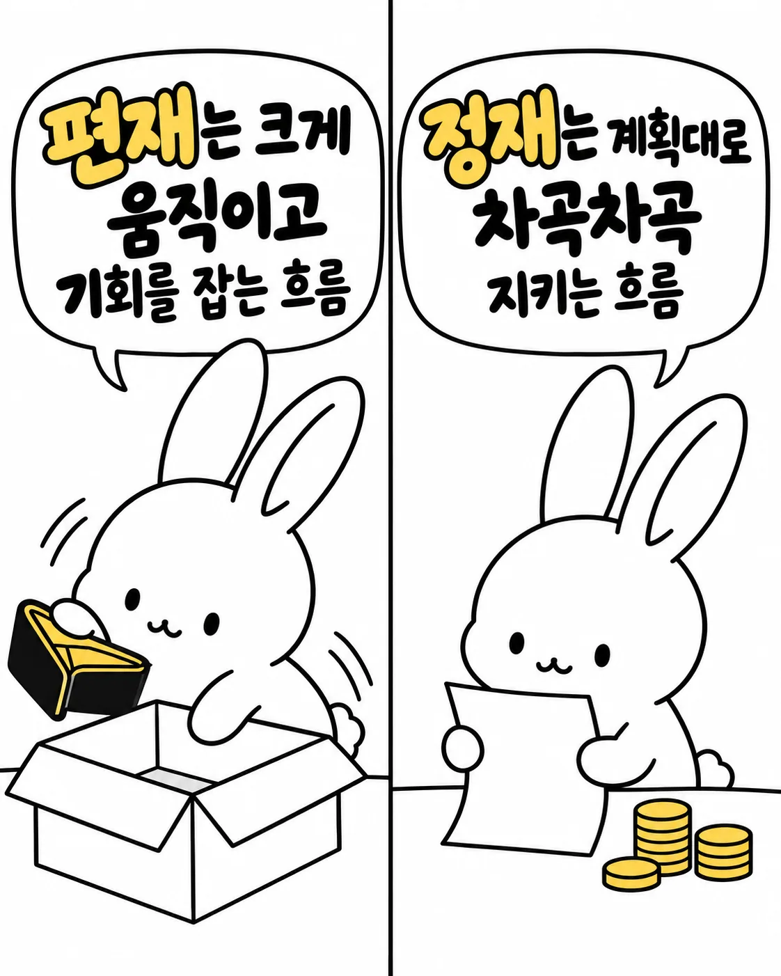 왼쪽에는 상자를 열며 기회를 잡으려는 토끼, 오른쪽에는 차곡차곡 돈을 모으는 토끼가 그려져 있다