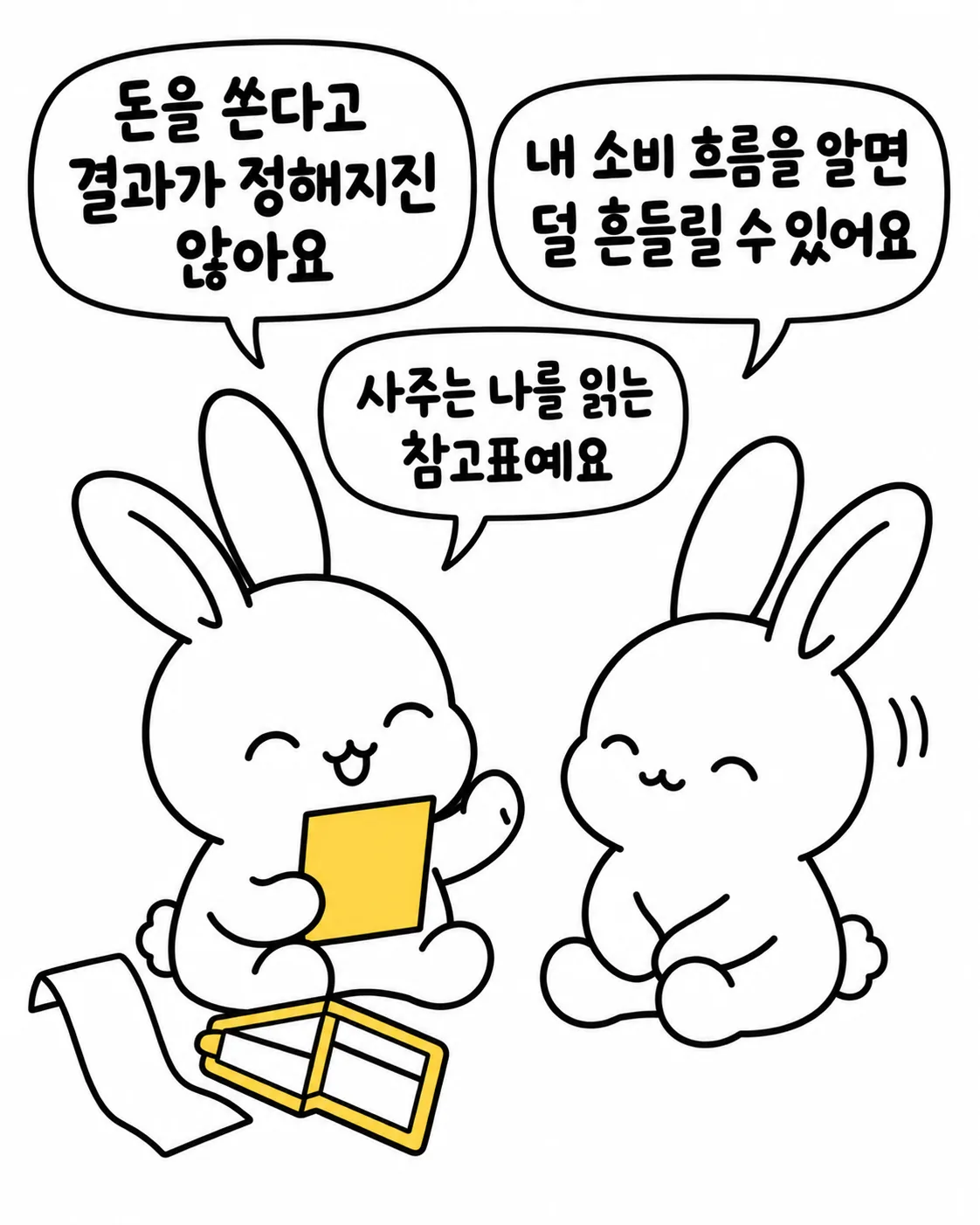 영수증을 든 토끼와 대화하며 사주가 참고표라는 조언을 주고받는 두 토끼