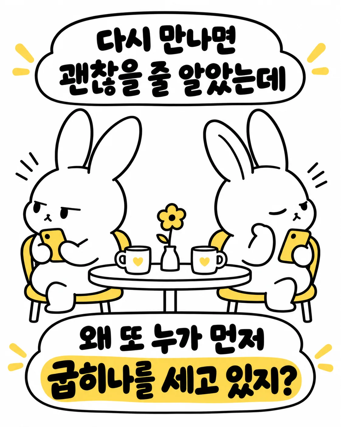 카페에 나란히 앉아 각자 스마트폰을 보며 누가 먼저 입을 열지 눈치를 보는 두 토끼의 모습