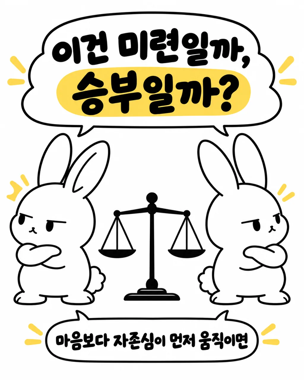저울을 사이에 두고 서로 팔짱을 낀 채 등을 돌리고 서 있는 두 토끼의 모습