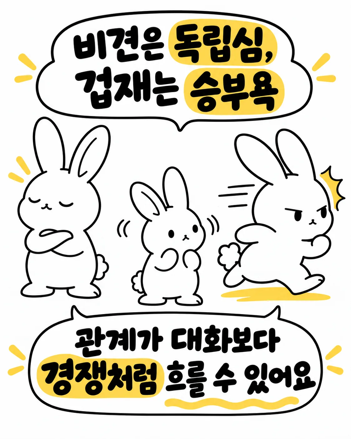 한 토끼는 고민하고, 다른 토끼는 어디론가 달려가며 경쟁처럼 흐르는 관계를 묘사하는 모습
