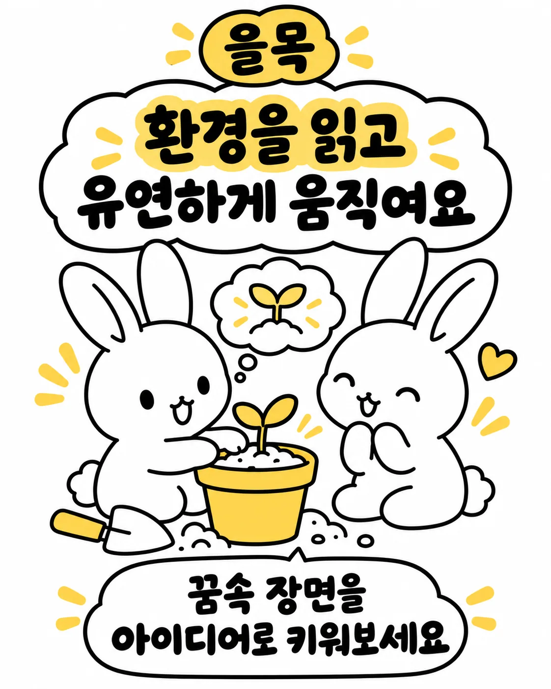 토끼 두 마리가 화분에 심어진 작은 새싹을 바라보며 웃고 있는 모습