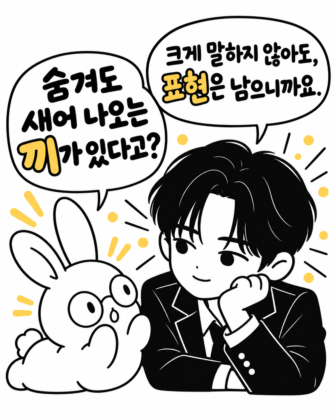토끼 캐릭터가 황민현의 숨길 수 없는 끼에 대해 놀라며 이야기하는 삽화