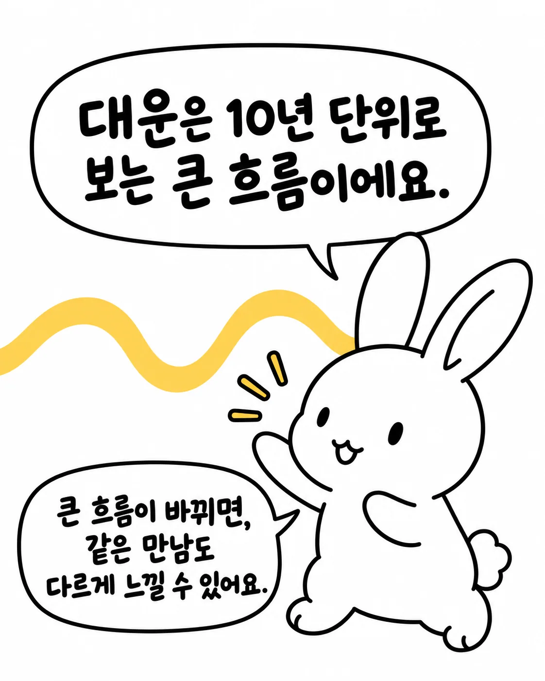 대운은 10년 단위의 큰 흐름이며 흐름이 바뀌면 같은 만남도 다르게 느낄 수 있다고 설명하는 토끼