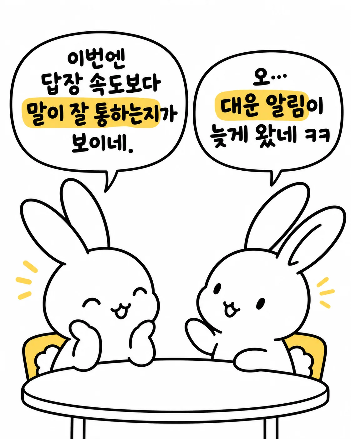 답장 속도보다 말이 통하는 게 중요하다는 것을 깨달으며 대운 알림이 늦게 왔다고 웃는 두 토끼