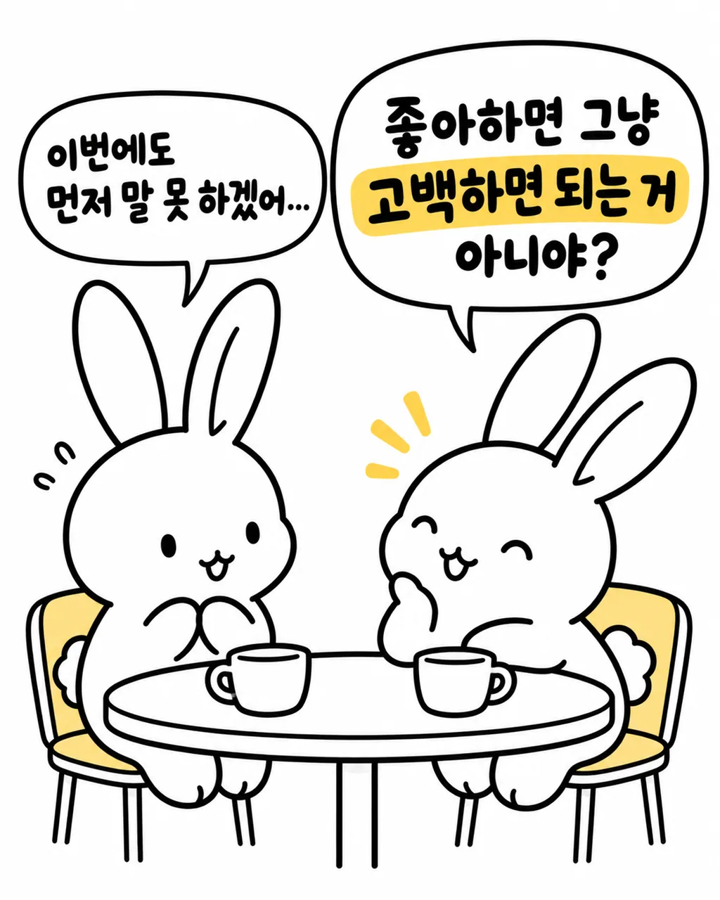 탁자에 앉아 대화하는 두 마리의 토끼, 한 마리는 고민하고 다른 한 마리는 경청하는 그림