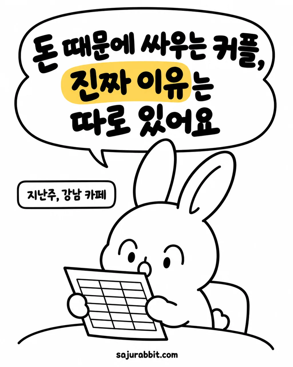 강남의 한 카페에서 토끼가 표를 보며 돈 문제로 싸우는 커플의 진짜 이유를 고민하는 모습