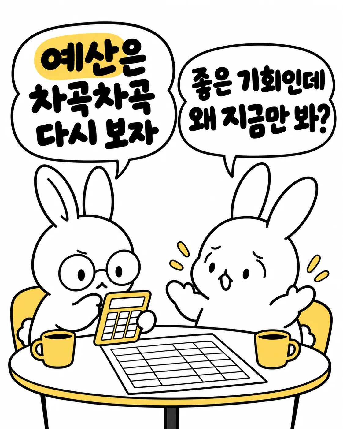 안경을 쓴 토끼가 예산을 강조하고 다른 토끼가 좋은 기회라며 맞서는 모습