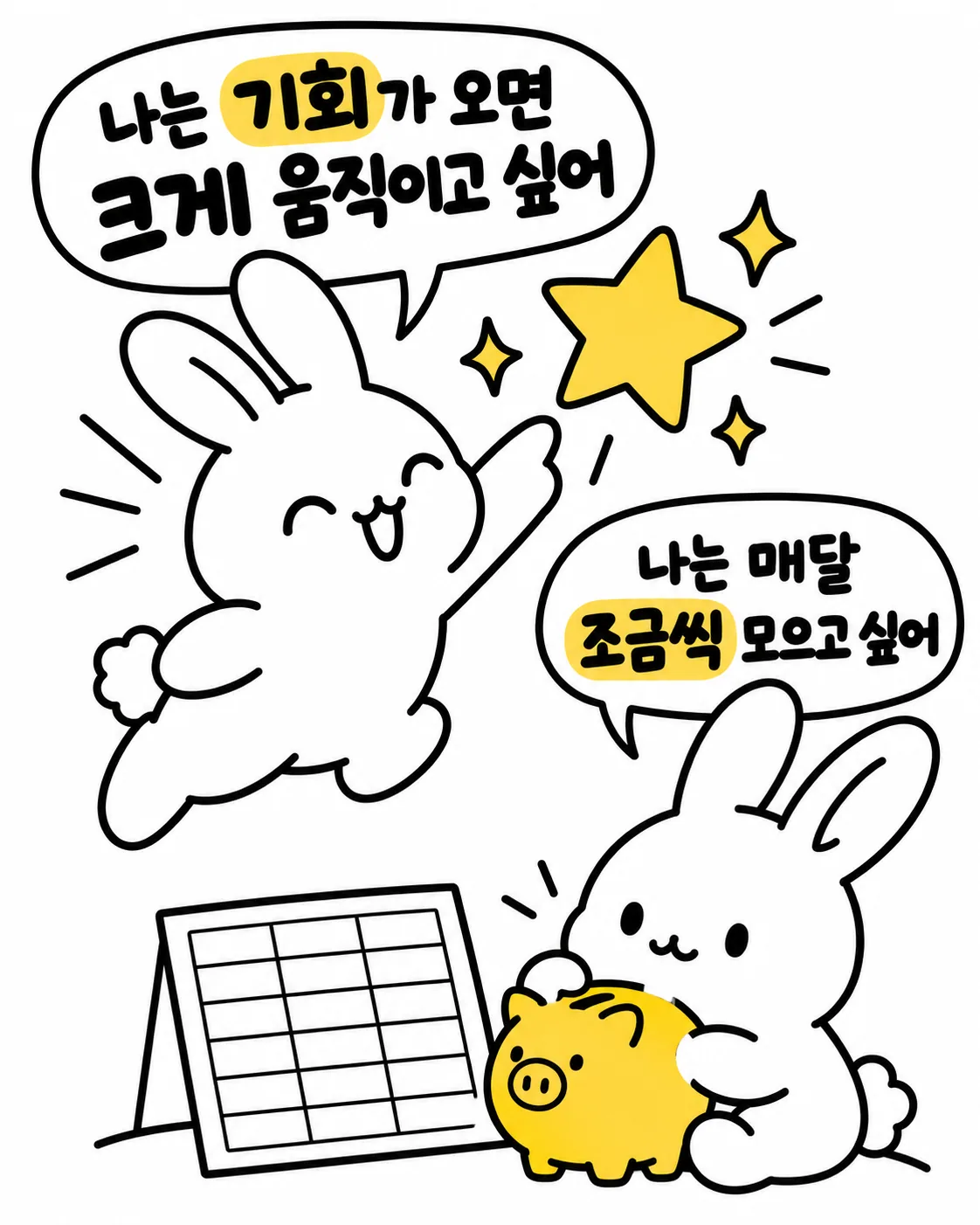 한 토끼는 기회를 쫓아 별을 잡으려 하고 다른 토끼는 돼지 저금통에 돈을 모으는 모습