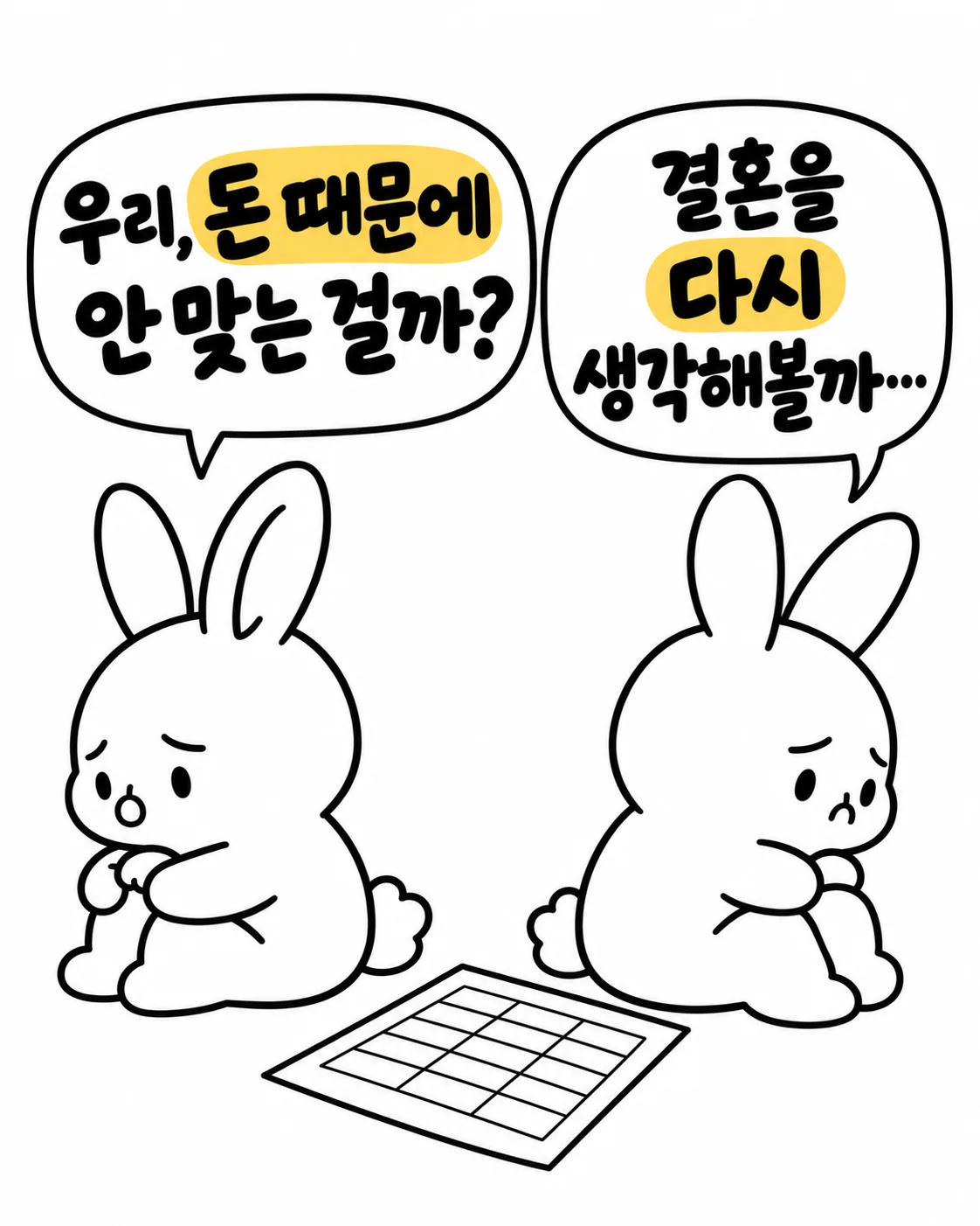 두 토끼가 등을 돌리고 앉아 결혼과 돈 문제에 대해 고민하며 슬퍼하는 모습