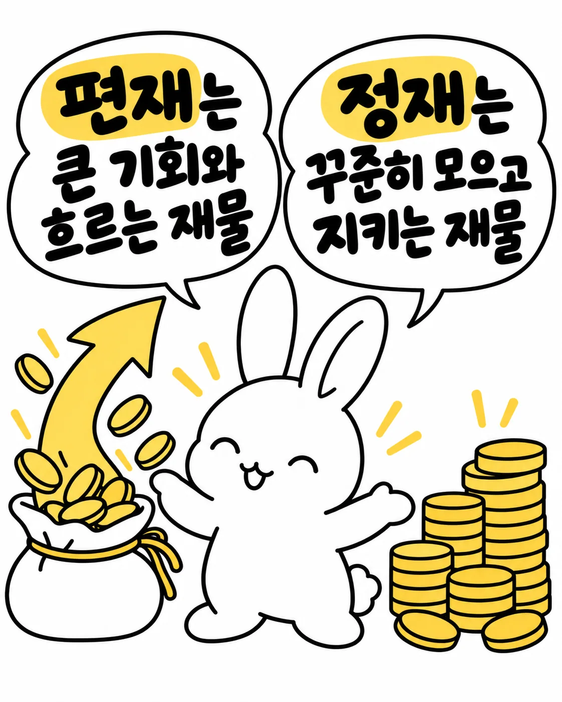 토끼가 왼쪽에는 흐르는 재물인 편재를, 오른쪽에는 차곡차곡 쌓인 정재를 설명하는 모습