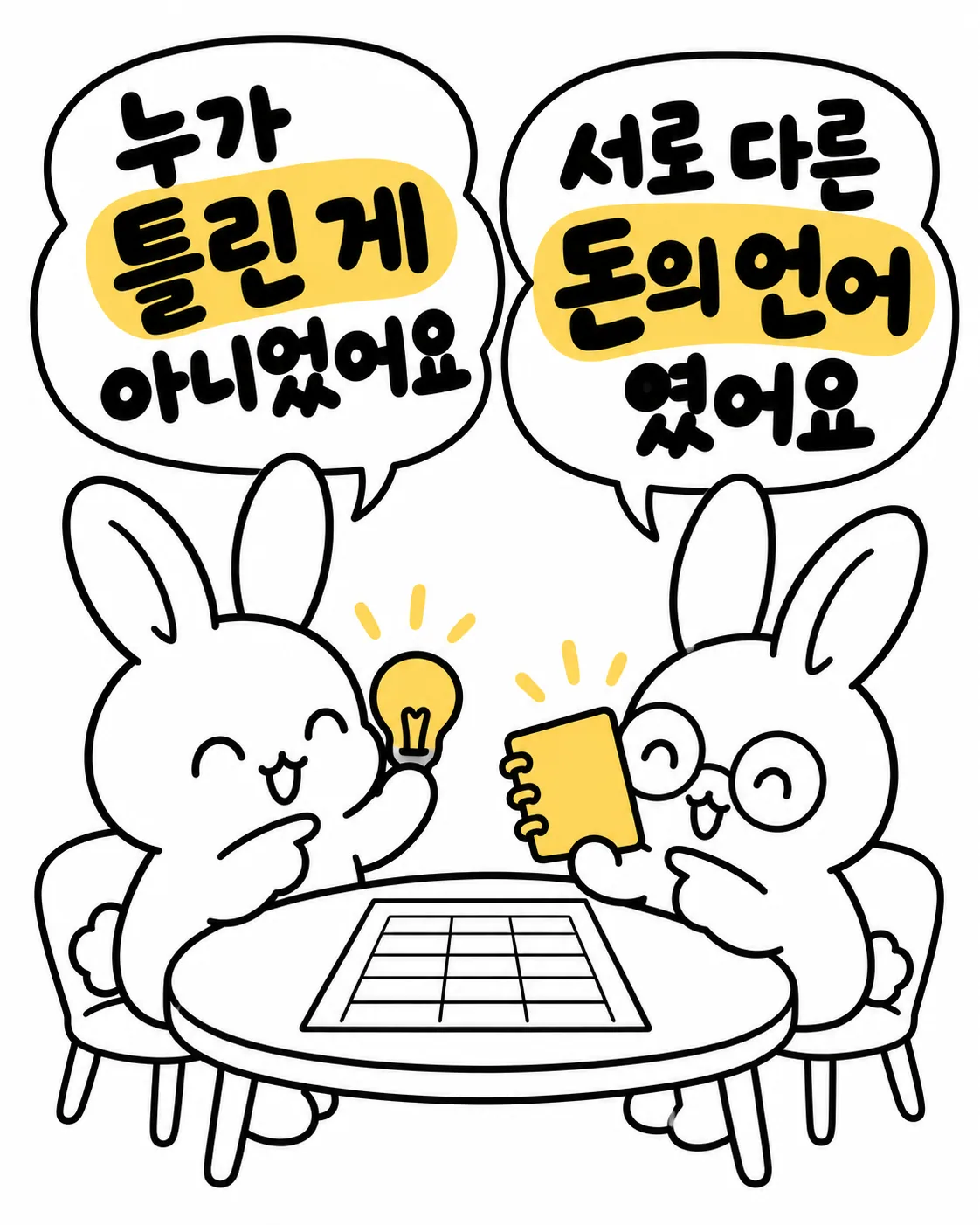 두 토끼가 서로의 경제관을 이해하고 노트에 무언가를 기록하며 웃는 모습