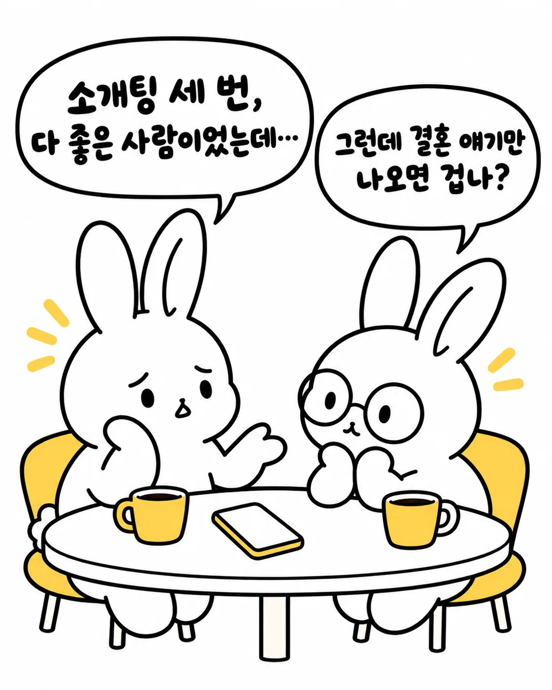 안경을 쓴 토끼와 대화하는 토끼가 소개팅 세 번에 대한 이야기를 나누는 모습
